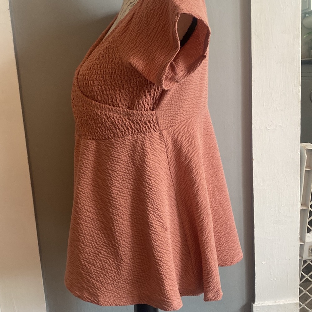 Torrid Dusty Pink Textured Smocked Off Shoulder Babydoll Top CrissCross Surplice - Picture 8 of 10